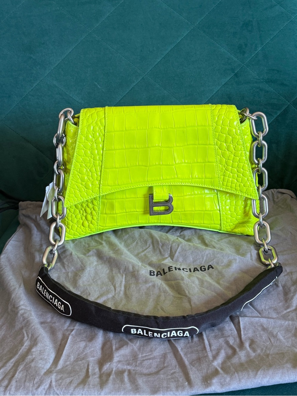 Balenciaga Neon Yellow Croc-Embossed Chain Shoulder Bag